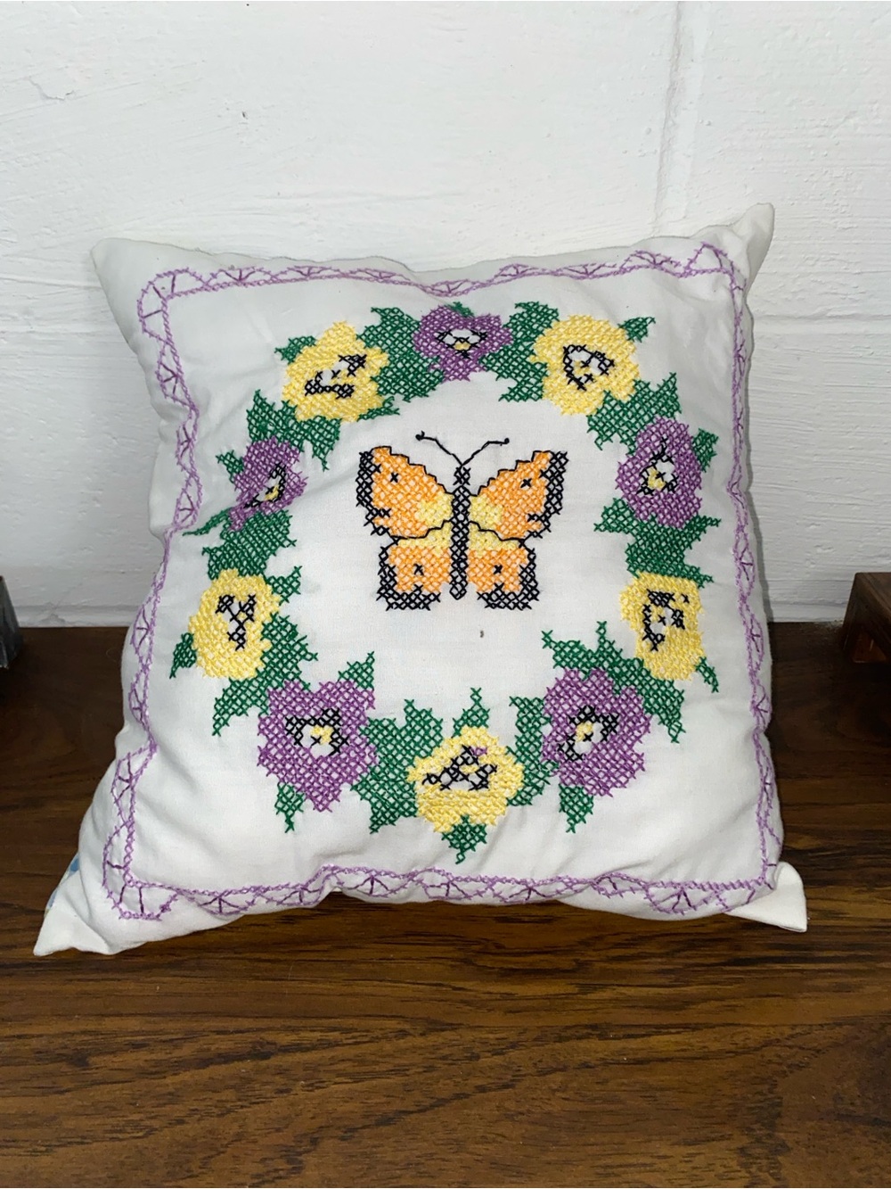 (1) White Pillow with Yellow & Purple Floral Cross-Stitch and Butterfly